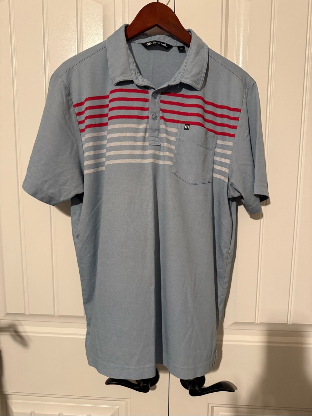 Travis Mathew Men's Light Blue Polo Shirt with Red & White Stripes Large